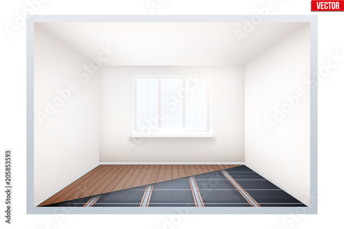 Presentation of Floor heating system. Empty room with infrared heating floor and window. Simple interior without furnish and furniture. Ways of installing films under cover. Vector Illustration