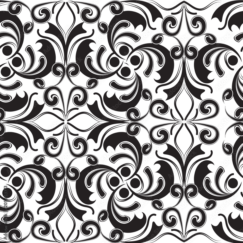 Baroque black and white beautiful vintage seamless pattern. Vector abstract monochrome floral background. Hand drawn line art tracery flowers, leaves, swirls, lines, shapes, damask style ornaments.