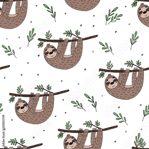 seamless pattern with cute doodle sloth print