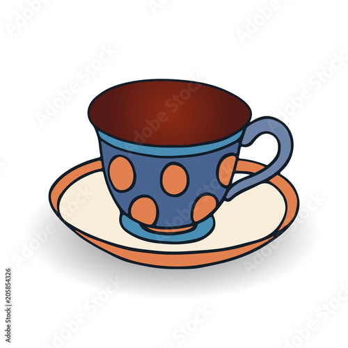 Blue cup and saucer for coffee, cartoon on white background,