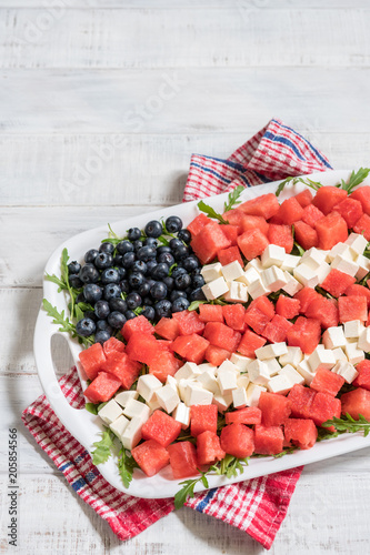 Patriotic American flag salad with blueberry  watermelon and feta