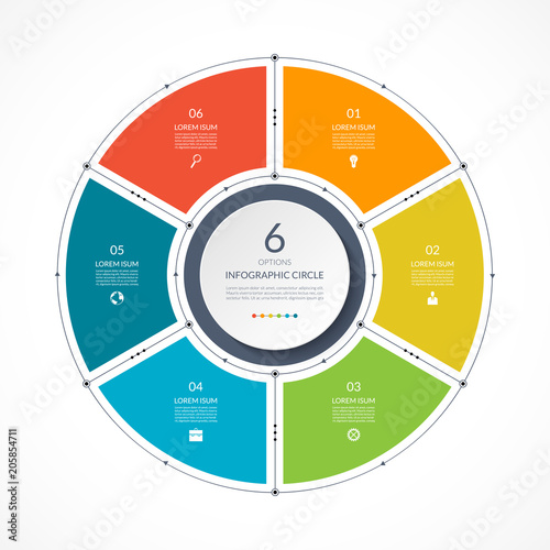 Infographic circle in thin line flat style. Business presentation template with 6 options, parts, steps. Vector illustration