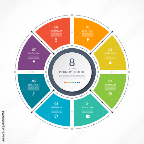 Infographic circle in thin line flat style. Business presentation template with 8 options, parts, steps. Vector illustration