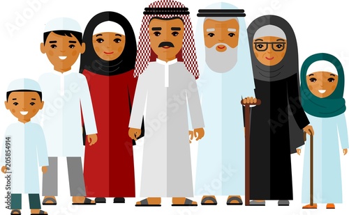 Traditional muslim family with children and maturity. Set of vector illustration arab family in national clothes.