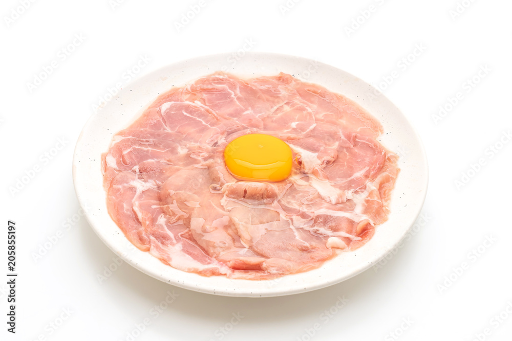 fresh sliced pork raw with egg for cooking or making shabu shabu and sukiyaki fresh sliced pork raw with egg for cooking or making shabu shabu and sukiyaki