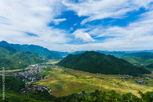 View of Mai Chau Township with paddy rice field in Northern Vietnam.