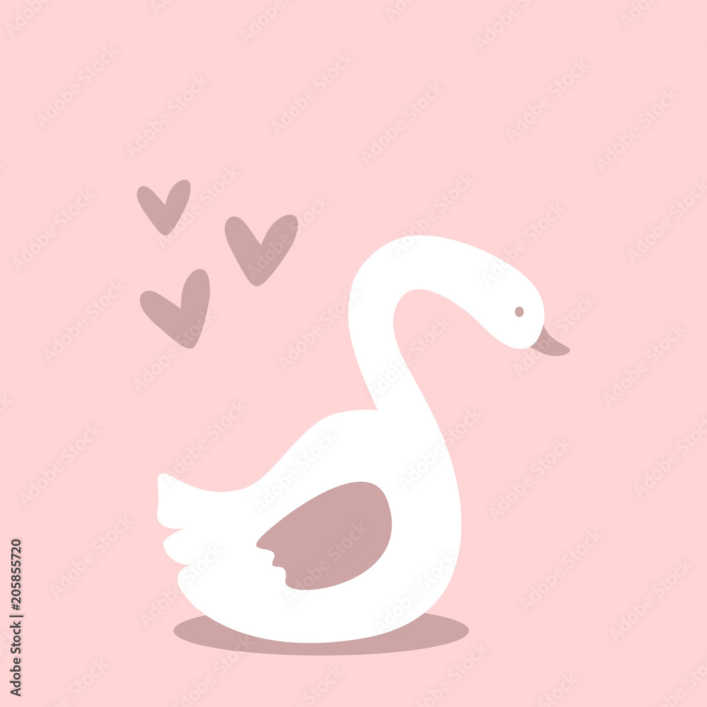 Fototapeta premium Cute swan and hearts. Cartoon pattern, print, card, poster for children.