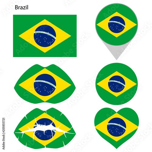 Flag of Brazil, set. Correct proportions, lips, imprint of kiss, map pointer, heart, icon. Abstract concept. Vector illustration on white background. Free Download Flag of Brazil, set. Correct proportions, lips, imprint of kiss, map pointer, heart, icon. Abstract concept. Vector illustration on white background. - GFXLoad