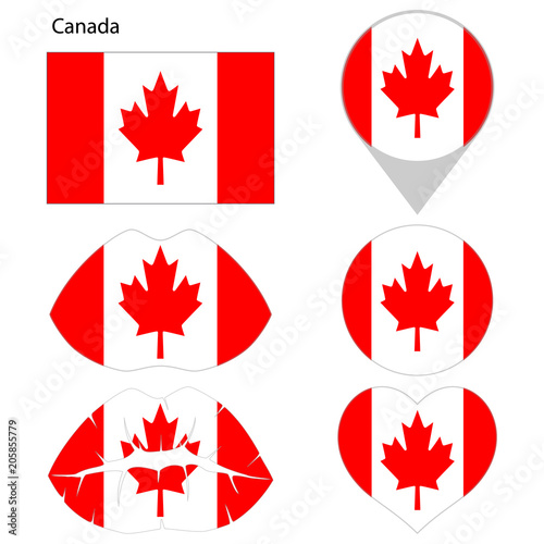 lag of Canada, set. Correct proportions, lips, imprint of kiss, map pointer, heart, icon. Abstract concept. Vector illustration on white background.