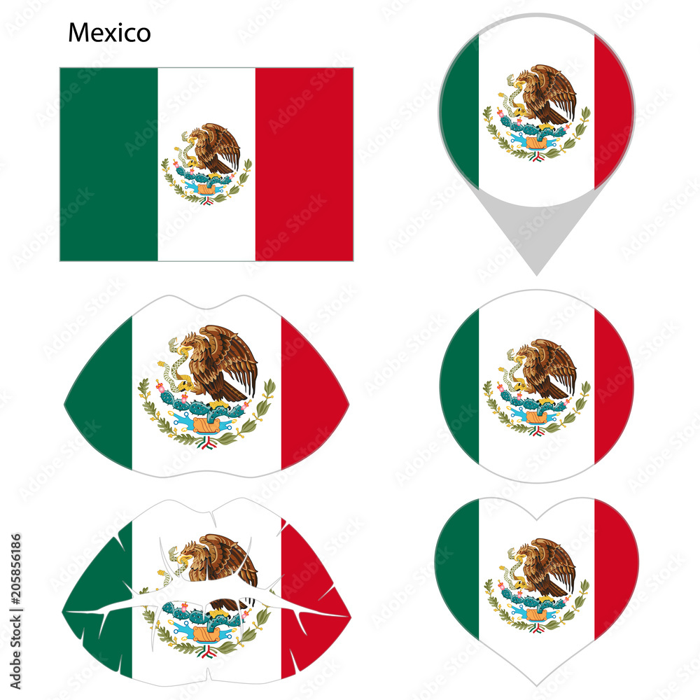 Flag of Mexico, set. Correct proportions, lips, imprint of kiss, map pointer, heart, icon. Abstract concept. Vector illustration on white background.