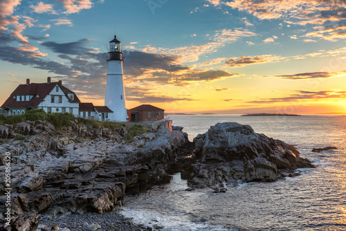 Portland Lighthouse at sunrise in Cape Elizabeth, New England, Maine, USA