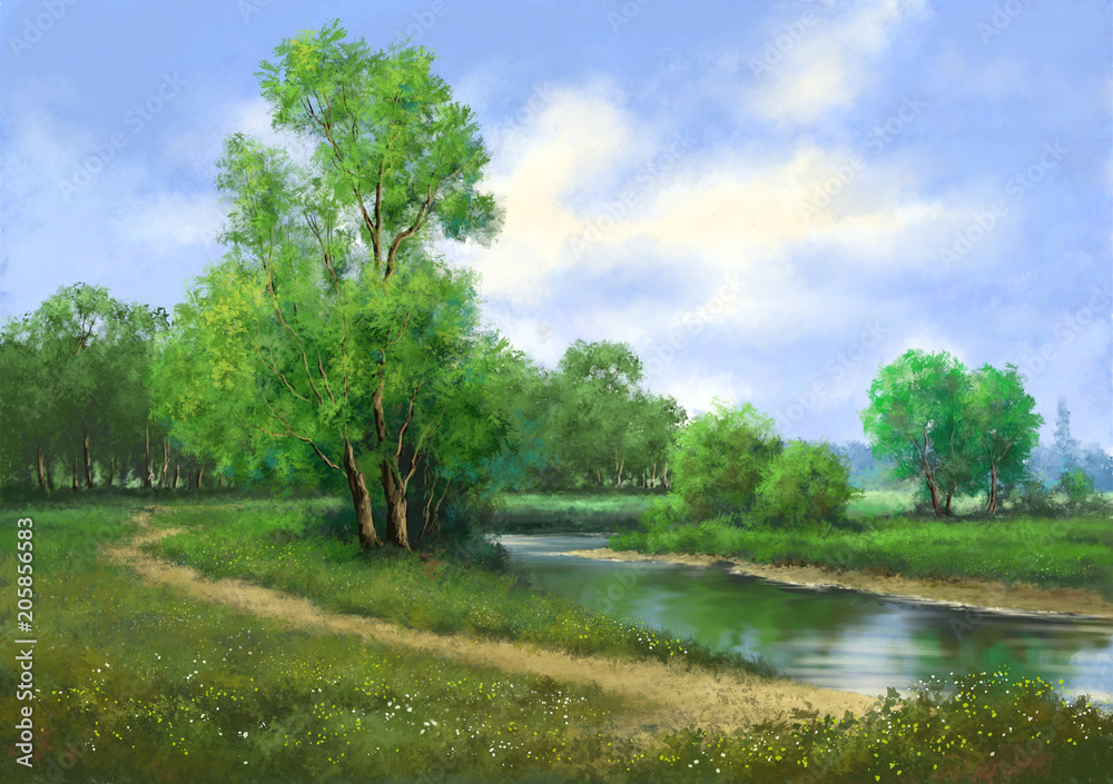 Obraz Obrazy krajobrazu wiejskiego. Dzieło sztuki, rzeka, drzewa, droga.