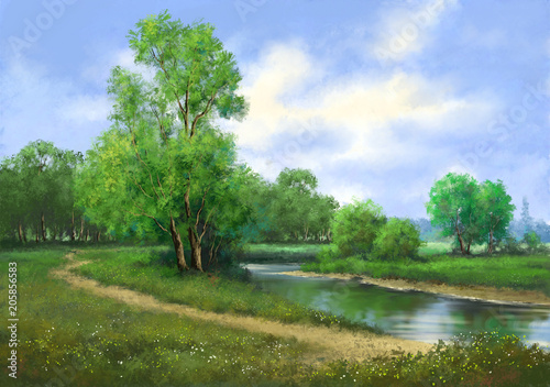 Obraz na płótnie Obrazy krajobrazu wiejskiego. Dzieło sztuki, rzeka, drzewa, droga.