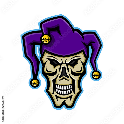 Mascot icon illustration of head of a court jester, joker, fool,story-teller or minstrel skull viewed from front on isolated background in retro style.