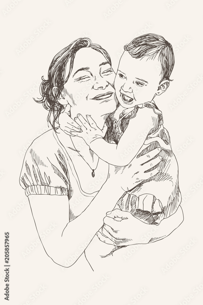 Vector Sketch of happy family Parent and children. Pregnancy concept. Family concept. Love concept. Mother holds child in her arms and smiling