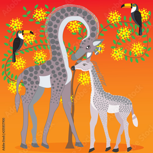 Fototapeta Naklejka Na Ścianę i Meble -  Giraffe-mom and baby giraffe next to acacia tree flowering, on the background of hot African summer, African animals and plants, Doodle style flat, vector illustration
