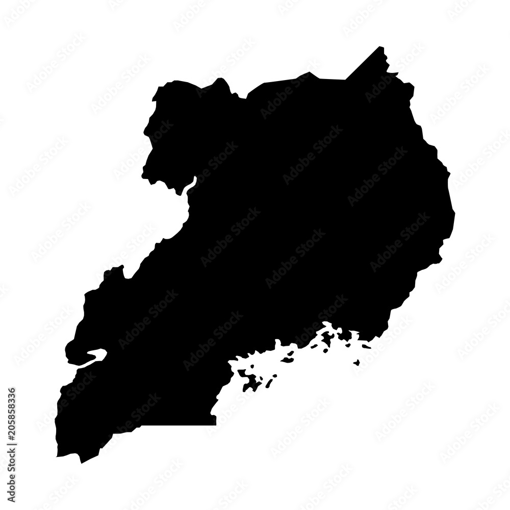 black silhouette country borders map of Uganda on white background. Contour of state. Vector illustration