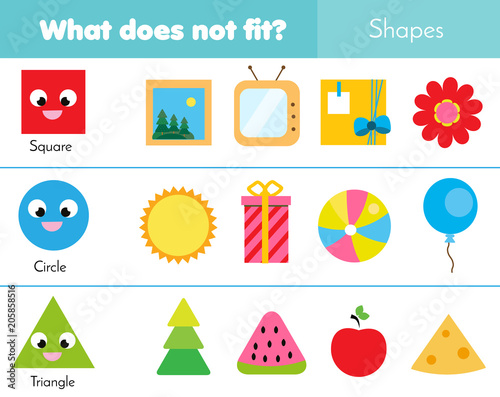 Educational children game. Logic game. What does not fit type. learning geometric shapes for kids and toddlers