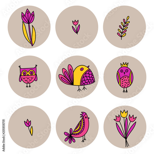 Set of cute birds and tulips in doodle style
