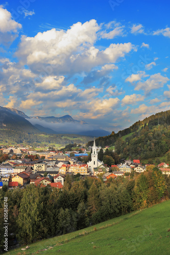 The small town and a white Lutheran church