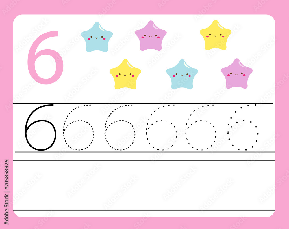 Handwriting practice. Learning numbers with cute characters. Number Six. Educational printable ...