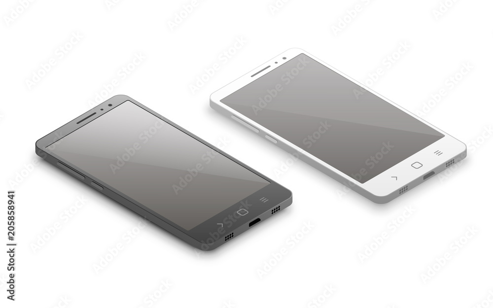 Isometric smartphone mockup. Vector Illustration of Isometric Black and White Smartphones. Isometric smartphone mockup. Vector Illustration of Isometric Black and White Smartphones.