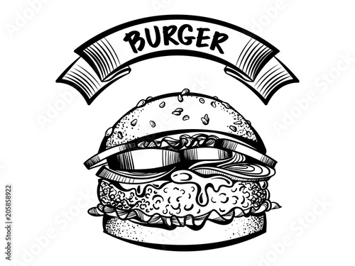 Burger vector illustration. Hand drawn graphic style with ribbon. Hipster sandwich logo isolated on white background.