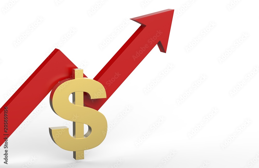 Increase in dollar value concept, golden dollar sign with a rising arrow, 3d illustration Increase in dollar value concept, golden dollar sign with a rising arrow, 3d illustration