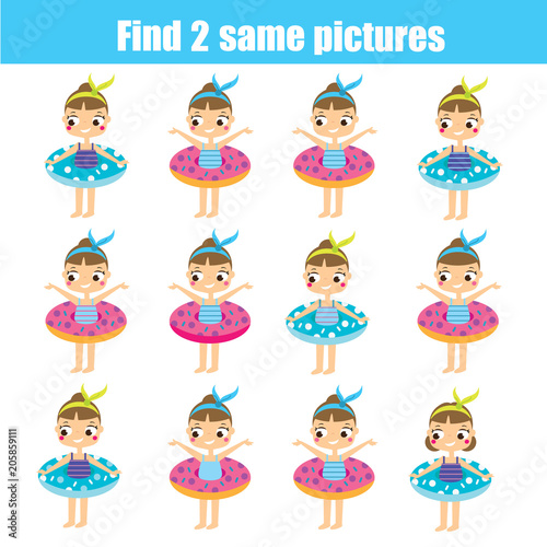 Find the same pictures children educational game. Find same summer girls