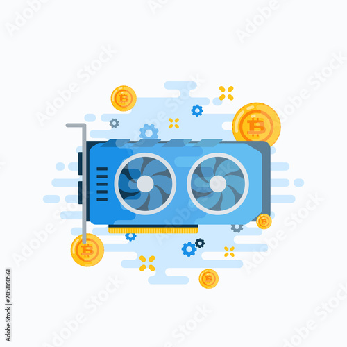 Crypto Currency Video Card Abstract Vector Sign, Symbol or Emblem Template. Flat Style GPU Bitcoin Mining Hardware Illustration. Personal Computer Component Icon.