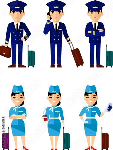 Set of people aviation, pilot and stewardess with baggage in different poses. Vector illustration of aviation profession crew, pilot and stewardess with luggage in flat style
