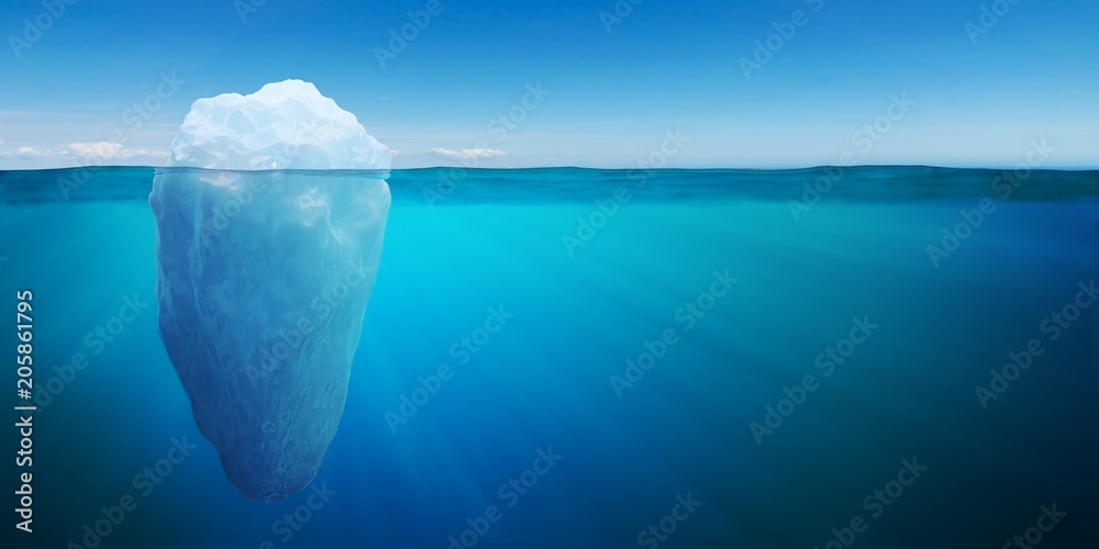 Fototapeta premium Podwodny widok na dużą górę lodową unoszącą się w oceanie. 3D renderowane ilustracje.