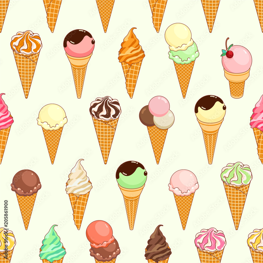 Seamless pattern of colorful ice creams on gently beige background with stars and circles. Cartoon illustration for web, site, advertising, banner, poster, flyer, business card. Vector illustration. Seamless pattern of colorful ice creams on gently beige background with stars and circles. Cartoon illustration for web, site, advertising, banner, poster, flyer, business card. Vector illustration.