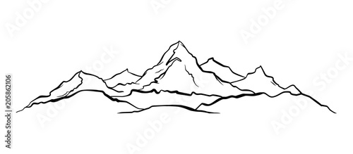 Hand drawn Mountains sketch landscape with hills and peaks.