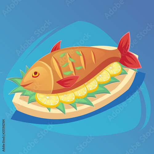 Fish icon. Crucian on white plate with lemon and herbs. Food, seafood dish symbol. Fresh fish color sign with red fins game icon, cartoon food or web site design, mobile app Vector illustration