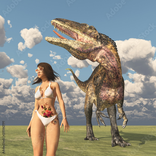 Attraktive Frau im Bikini und der Dinosaurier Acrocanthosaurus photo