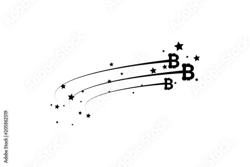 Bitcoin coin with fast speed motion lines. Abstract Falling bitcoin- Black Shooting bitcoin with Elegant Star Trail on White Background - Meteoroid  Comet  Asteroid  Stars  Bitcoin