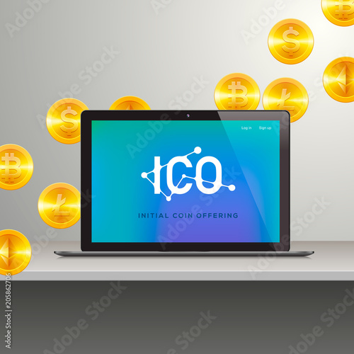 ICO, Laptop with abstract ICO interface on screen. Initial coin offering concept, vector illustartion.