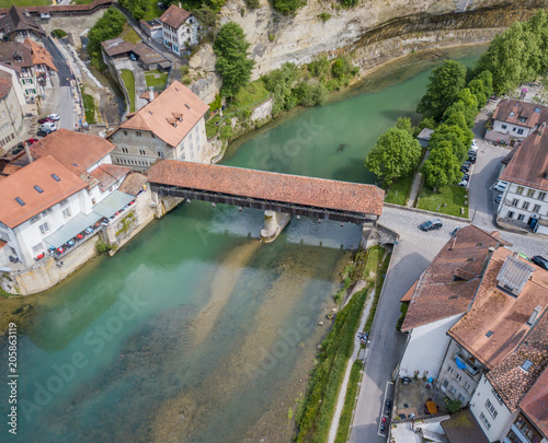 Aerial view of old medieval city of Fribourg in Switzerland on a beautiful summer day photo