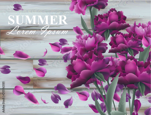 Summer background with peony bouquet on wooden background. Vector realistic 3...