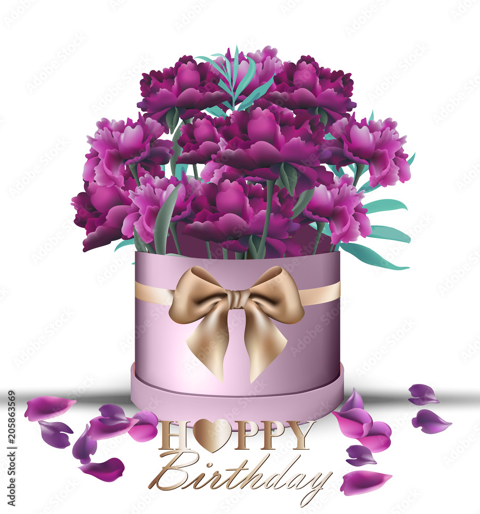 Happy Birthday Peony flowers bouquet card Vector. Vintage gift box ...