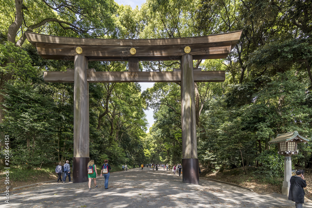 The main entrance to the Meiji Shinto Shrine in Tokyo, Japan The main entrance to the Meiji Shinto Shrine in Tokyo, Japan