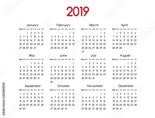 2019 new year vector calendar modern simple design with round san serif font,Holiday event planner,Week Starts Sunday.