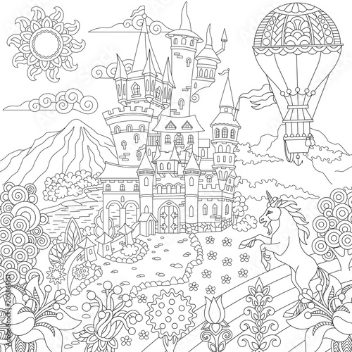 Fairy tale concept. Fairytale landscape with vintage castle, unicorn, flowers, hot air balloon. Coloring Page. Adult Coloring Book idea. Freehand sketch drawing picture.