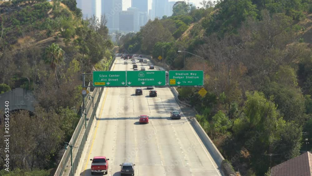 Heavy traffic in Arroyo Seco pkwy. Busy street scene - August 2017: Los Angeles California, US