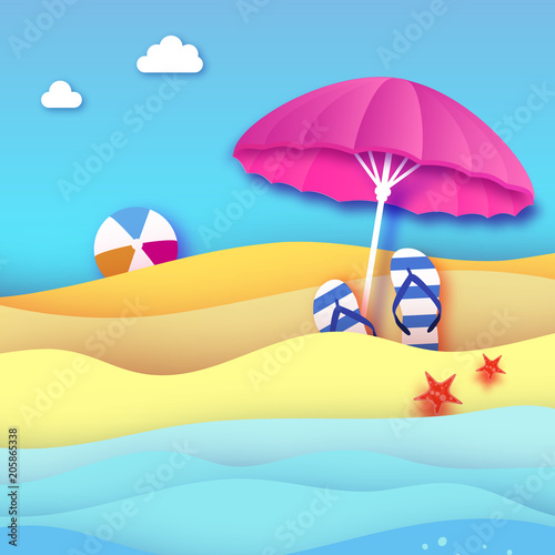 Pink parasol - umbrella in paper cut style. Origami sea and beach. Sport ball game. Flipflops shoes. Vacation and travel concept.