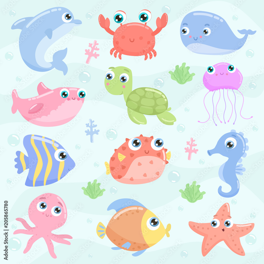 Cute sea animals. Flat design.