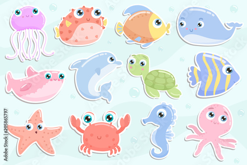 Cute sea animal stickers. Flat design.