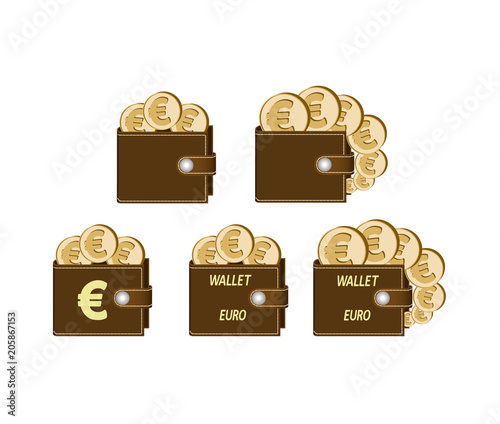 set of brown wallets with euro coins 