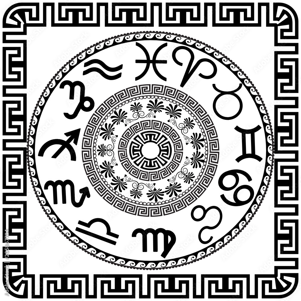 Zodiac symbols. Vector mandala. Greek black and white pattern with zodiac signs, circles, flowers, frame, square, meander, greek key ornaments.   Isolated texture. Modern design